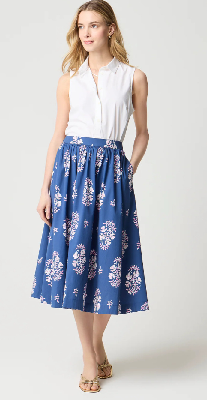 J. Crew Factory Poplin Pull-On Midi Skirt in Baltic Blue NEW!